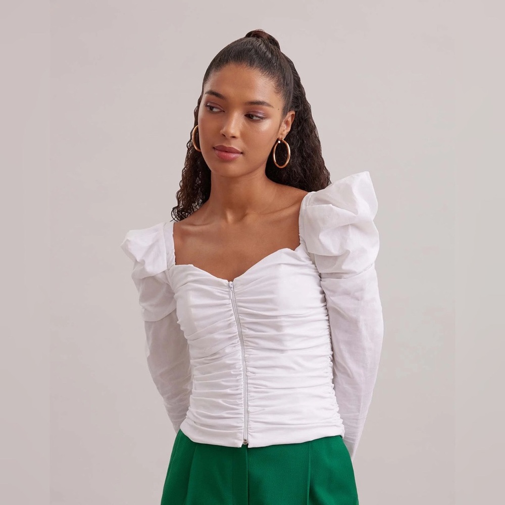 Anne Fontaine White Ruched Puff Sleeve Zip Blouse